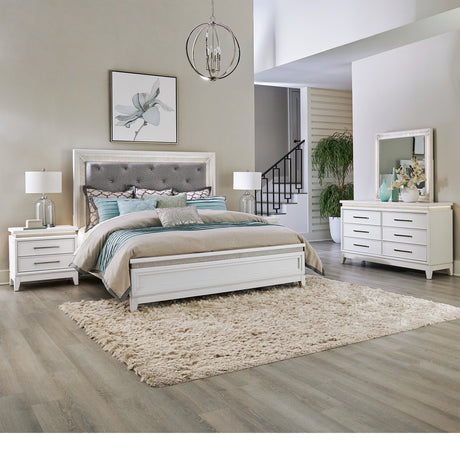A room setting featuring Harlow Pearl King 4 Piece Room Group