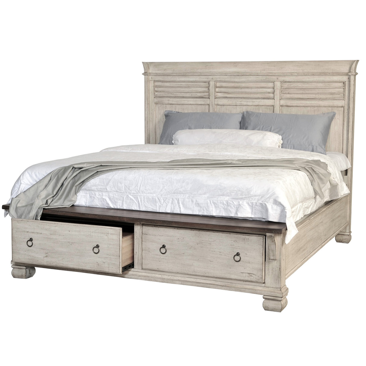 Front right view of Belmont Antique Linen King Storage Bed