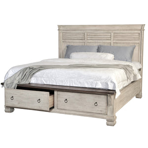 Front right view of Belmont Antique Linen King Storage Bed