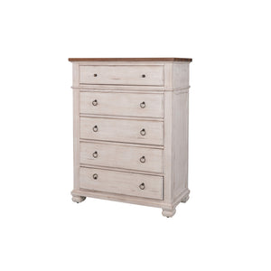 Front right view of Belmont Antique Linen 5 Drawer Chest