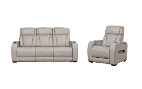 Front left view of Boyington Gray Power Reclining Sofa and Recliner
