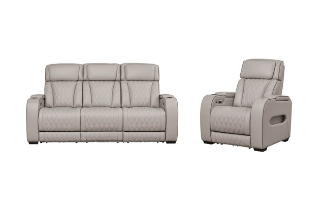 Front left view of Boyington Gray Power Reclining Sofa and Recliner