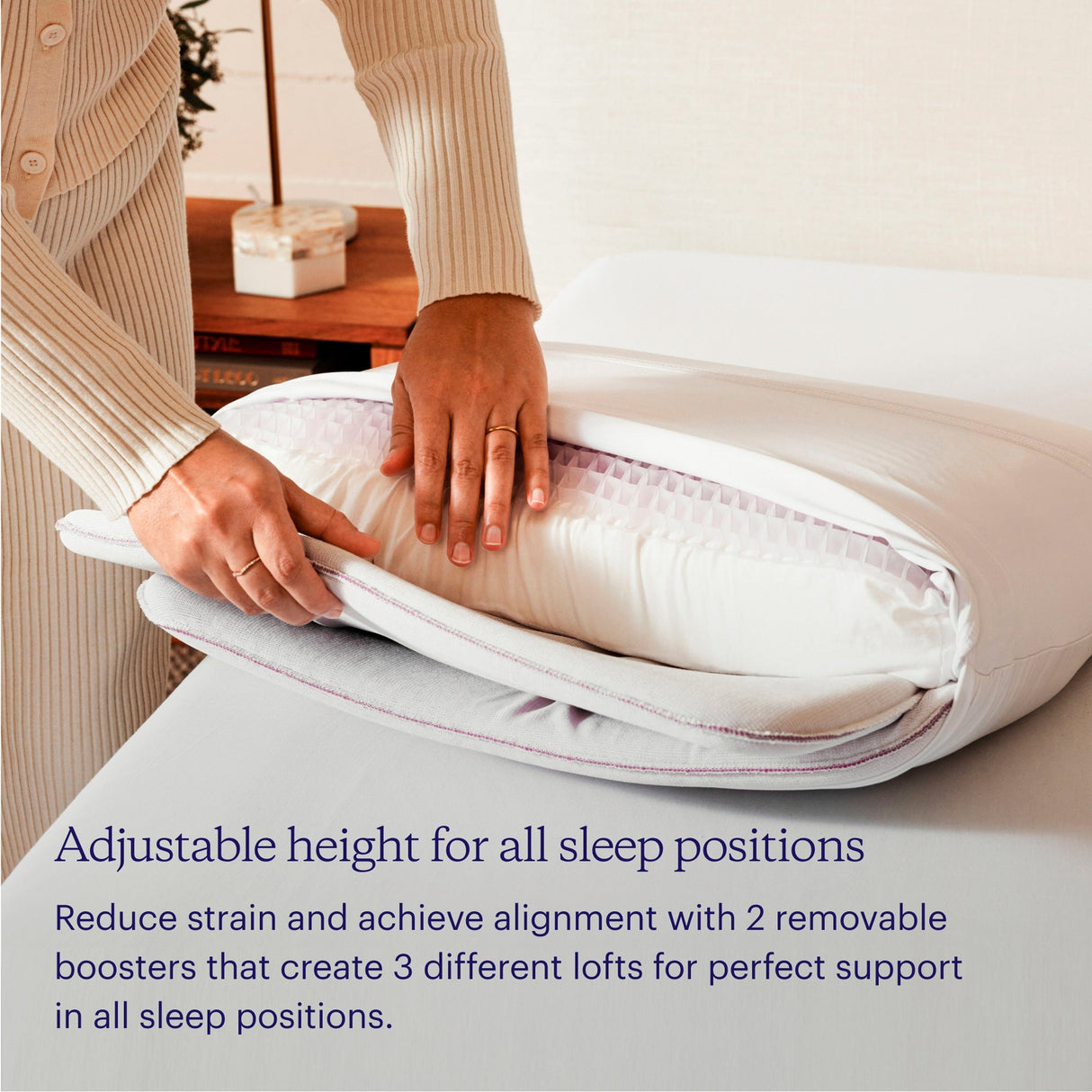 Detail view of King White Purple Dream Layer Pillow