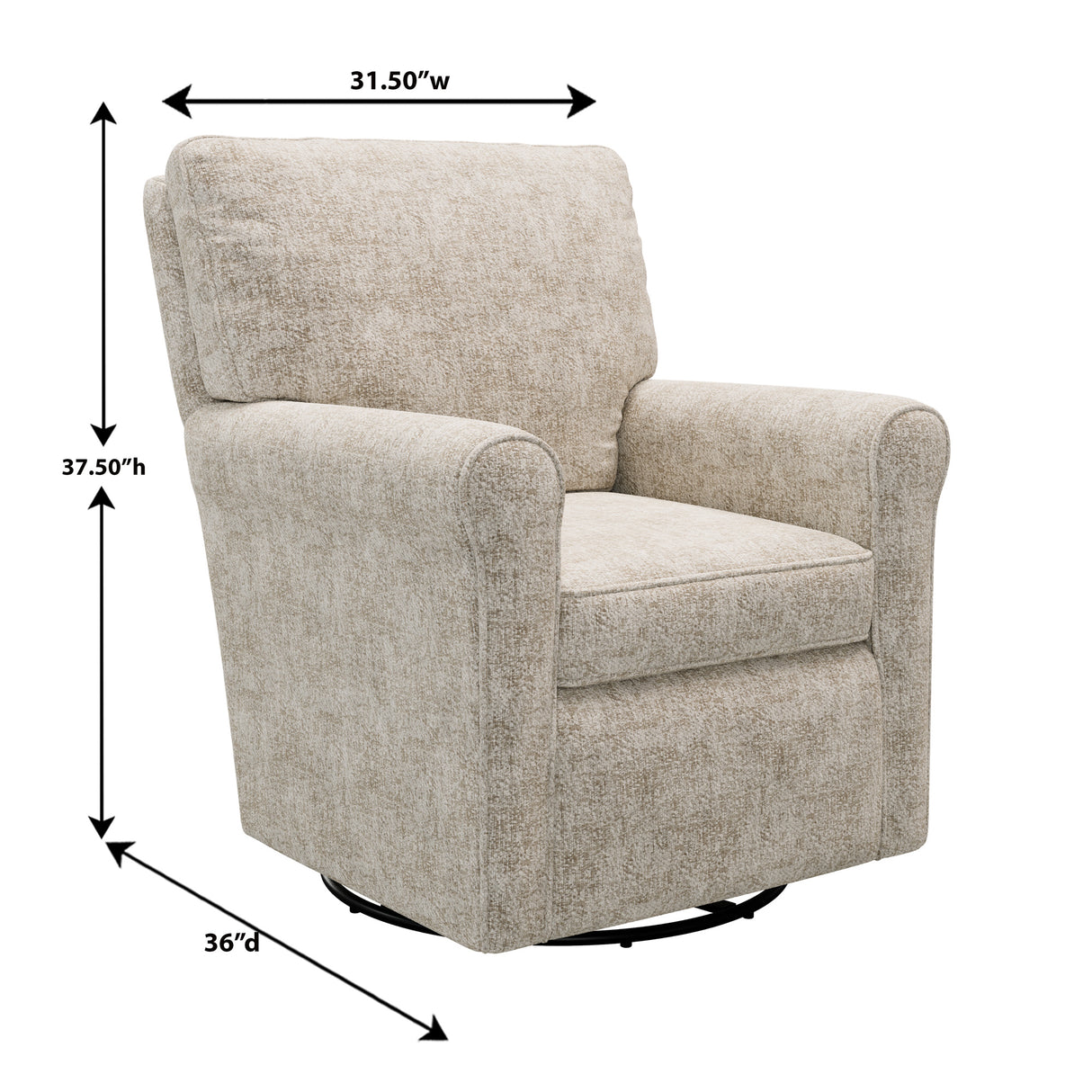 Detail image of Kacey Parchment Swivel Glider with overlay of product dimensions