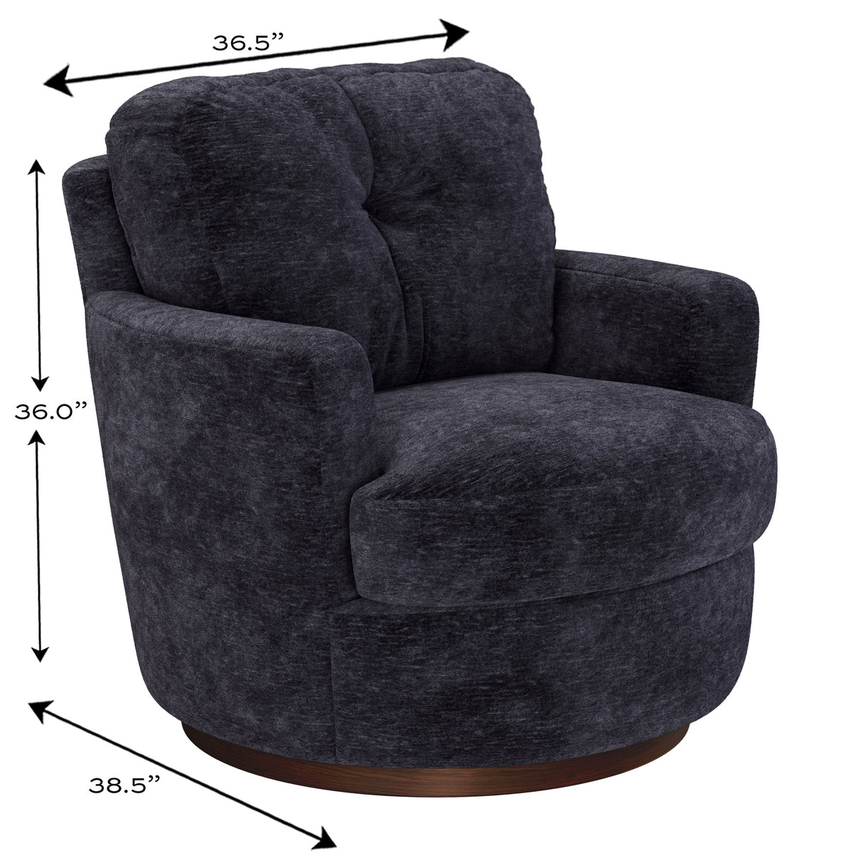 Detail image of Brodi Charcoal Swivel Accent Chair with overlay of product dimensions