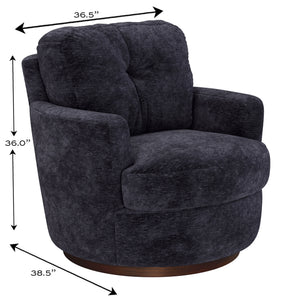 Detail image of Brodi Charcoal Swivel Accent Chair with overlay of product dimensions