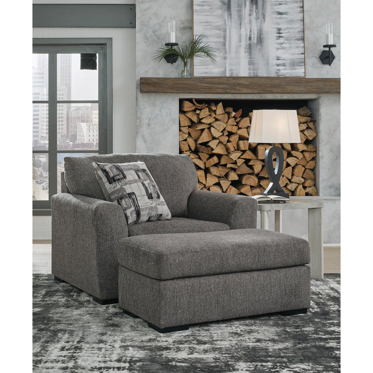 Room setting 2 featuring Gardiner Pewter Ottoman