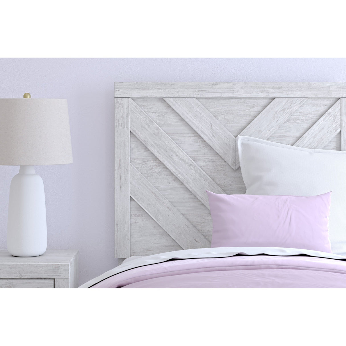 Detail view of Cayboni White Twin Panel Bed