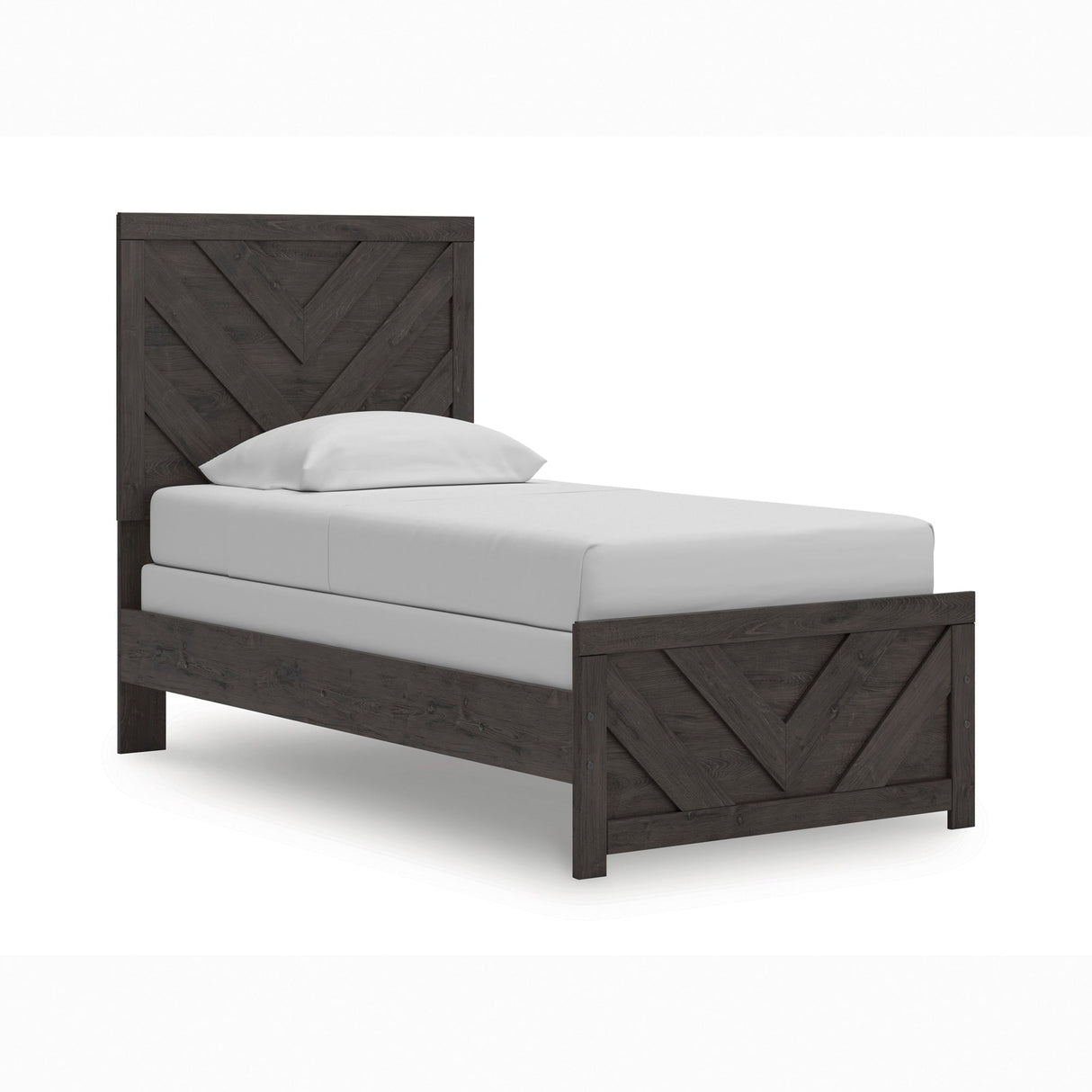 Front right view of Prendonea Charcoal Twin Panel Bed