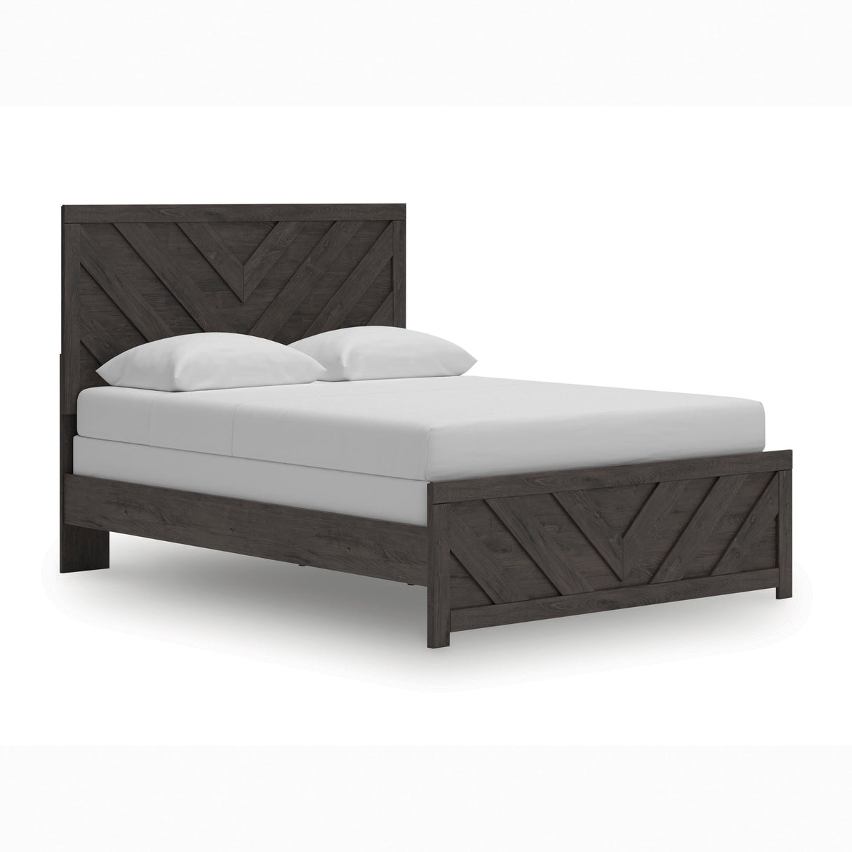 Front right view of Prendonea Charcoal Queen Panel Bed
