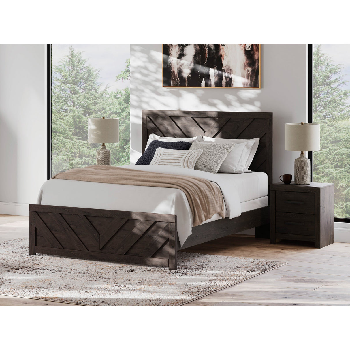 A room setting featuring Prendonea Charcoal Queen Panel Bed