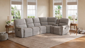 A room setting featuring Ava Oyster 5 Piece Sectional with 2 Tri-Power Ends and 1 Tri-Power Armless
