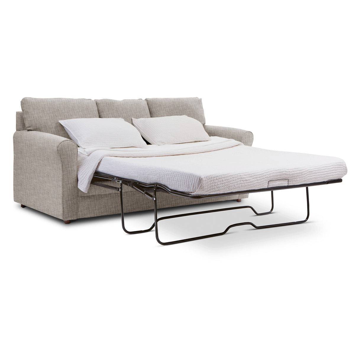 Gray sofa bed with white bedding on a white background
