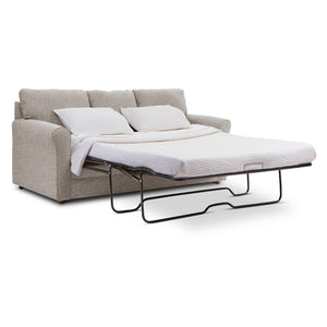 Gray sofa bed with white bedding on a white background