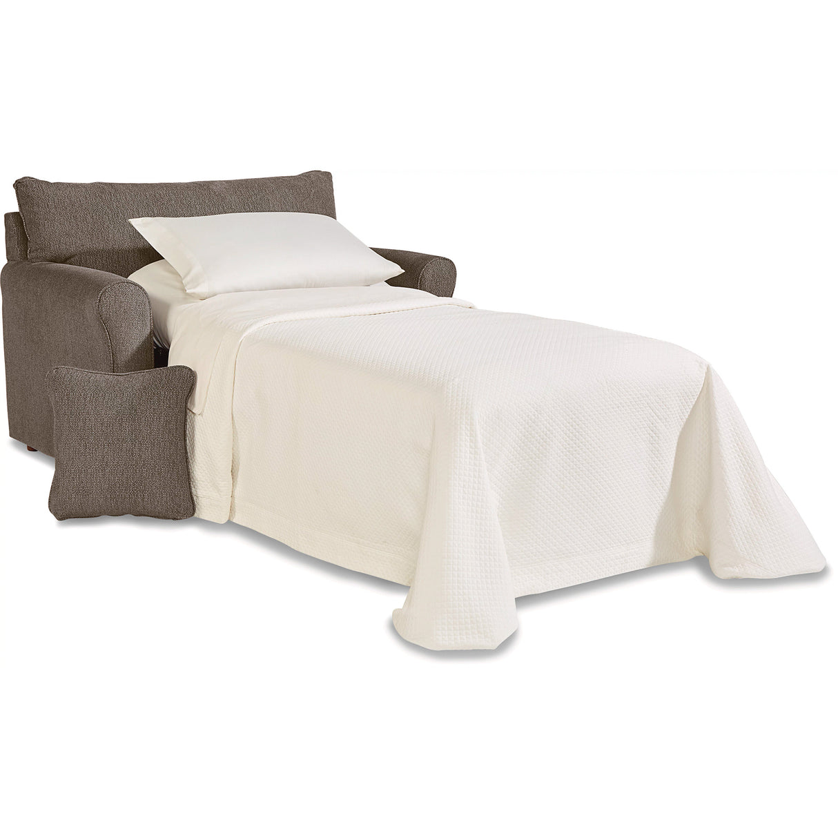 Sofa bed with beige cover and brown cushions on a white background