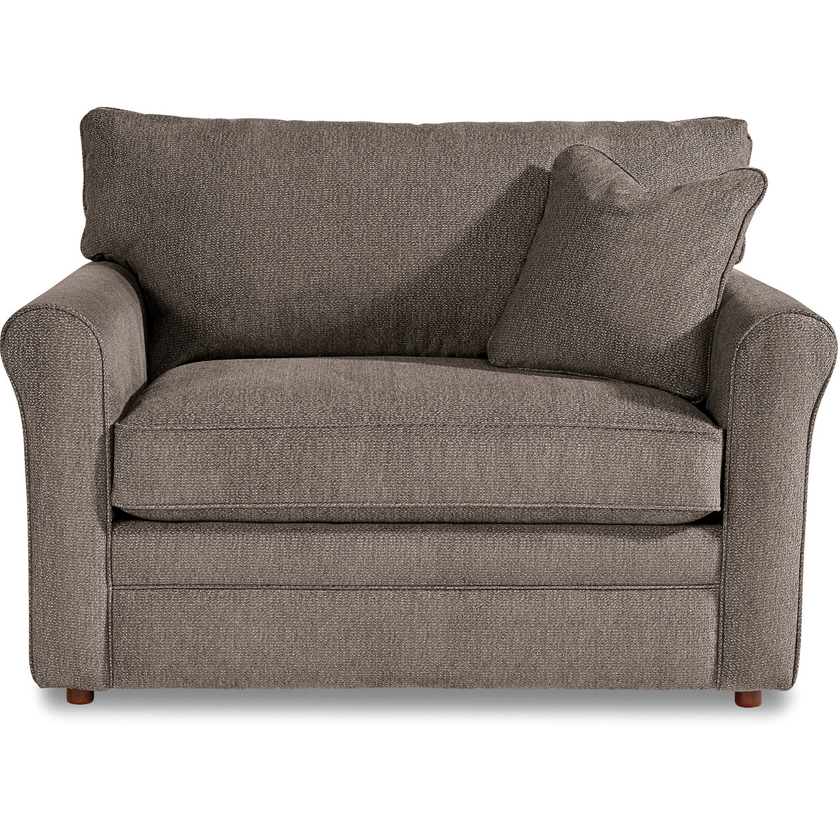 Gray fabric sofa with two cushions on a white background