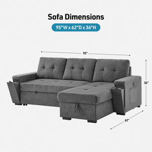 Detail image of Toby Gray Sleeper Chaise Sofa with overlay of product dimensions