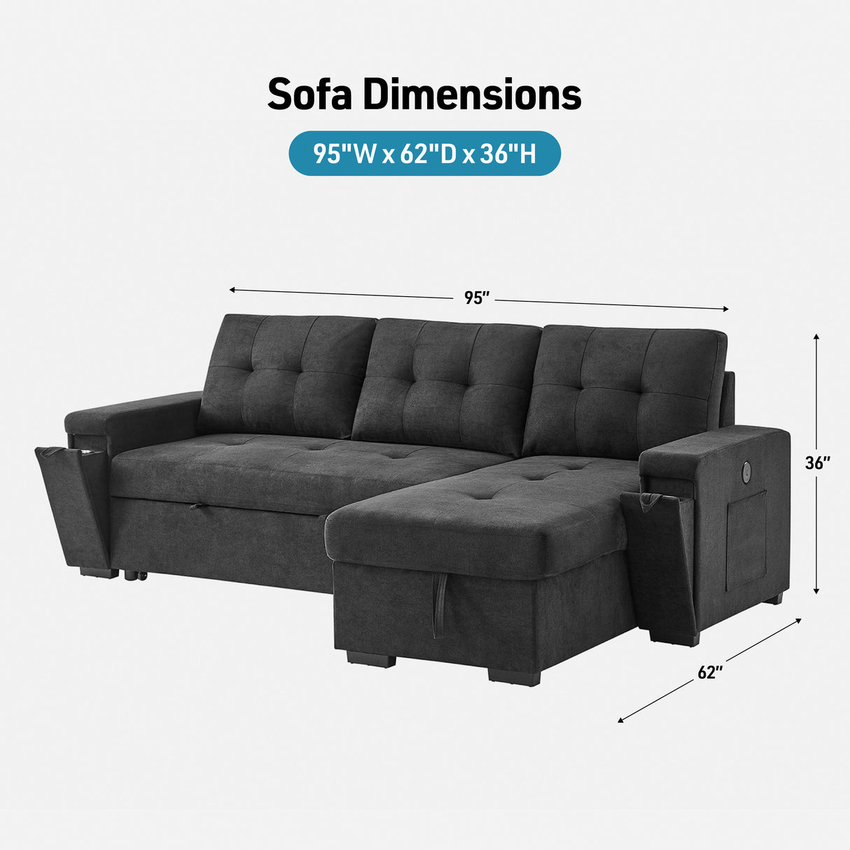 Detail image of Toby Black Sleeper Chaise Sofa with overlay of product dimensions