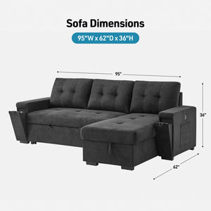 Detail image of Toby Black Sleeper Chaise Sofa with overlay of product dimensions