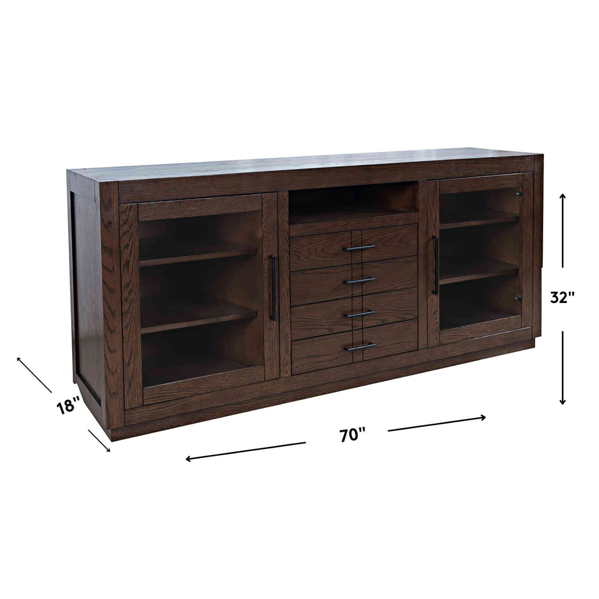 Detail image of Auburn Hills Dark Oak 70 Inch Console with overlay of product dimensions
