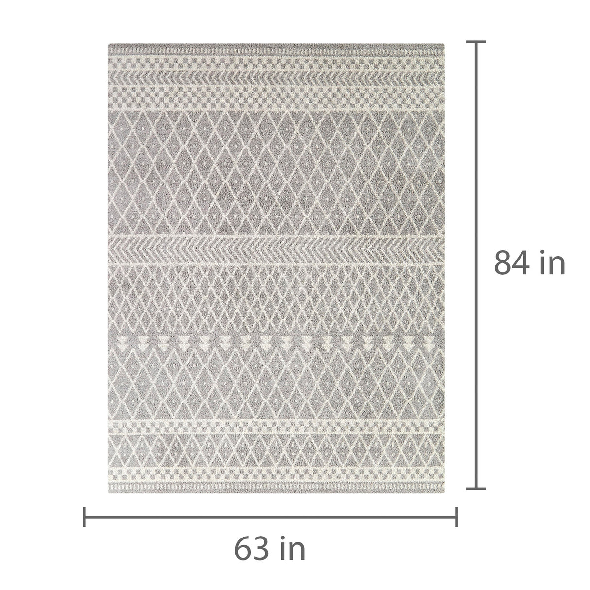 Detail image of Ceram Gray 5x8 Moroccan Area Rug with overlay of product dimensions