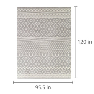 Detail image of Ceram Gray 8x10 Moroccan Area Rug with overlay of product dimensions