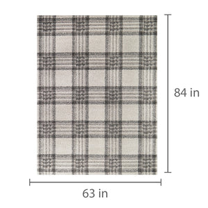 Detail image of Monte Gray 5x8 Plaid Area Rug with overlay of product dimensions