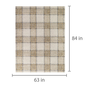 Detail image of Monte Gold 5x8 Plaid Area Rug with overlay of product dimensions