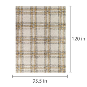 Detail image of Monte Gold 8x10 Plaid Area Rug with overlay of product dimensions