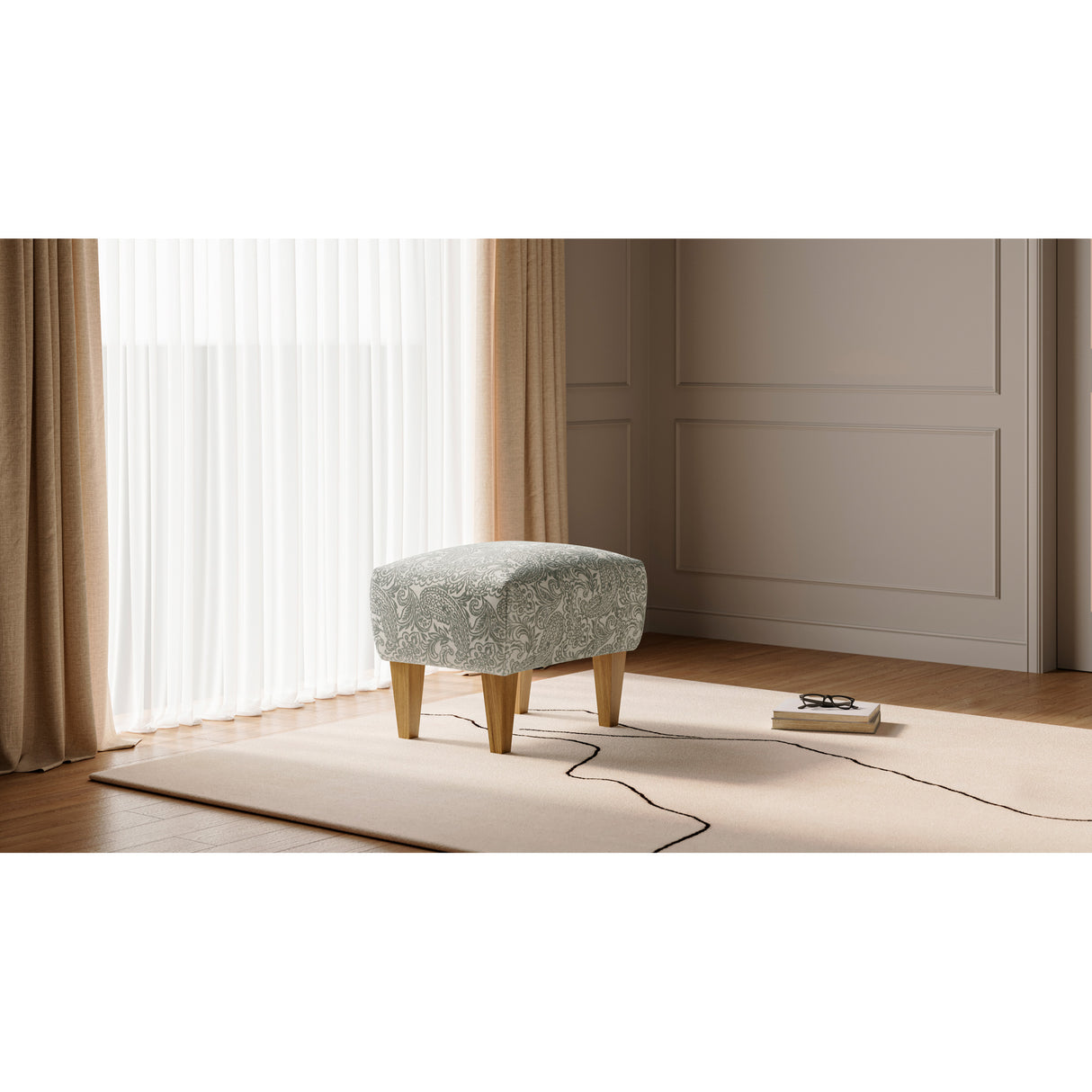 A room setting featuring Riley Cream Ottoman