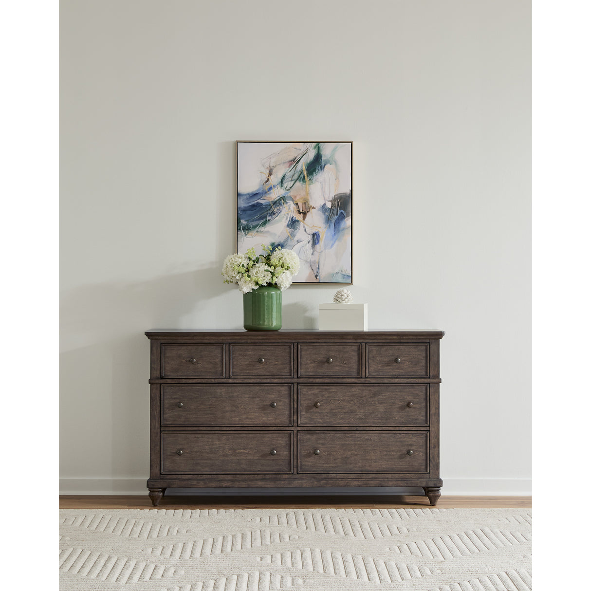 A room setting featuring Paola Gray 6 Drawer Dresser