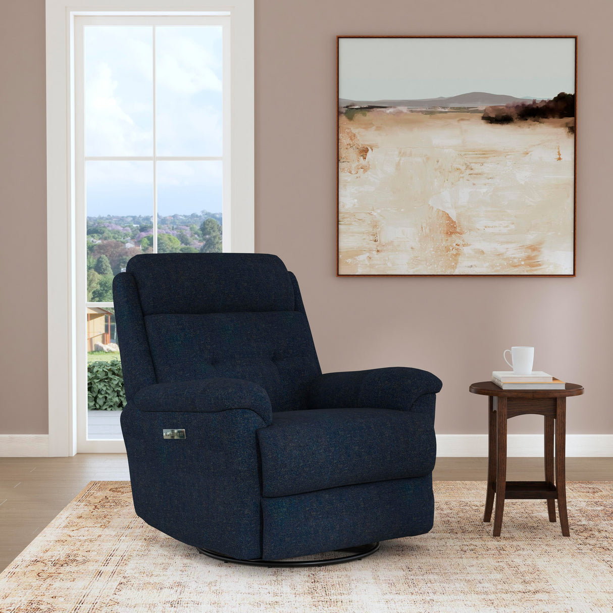 A room setting featuring Sophisticated Marina Swivel Power Recliner