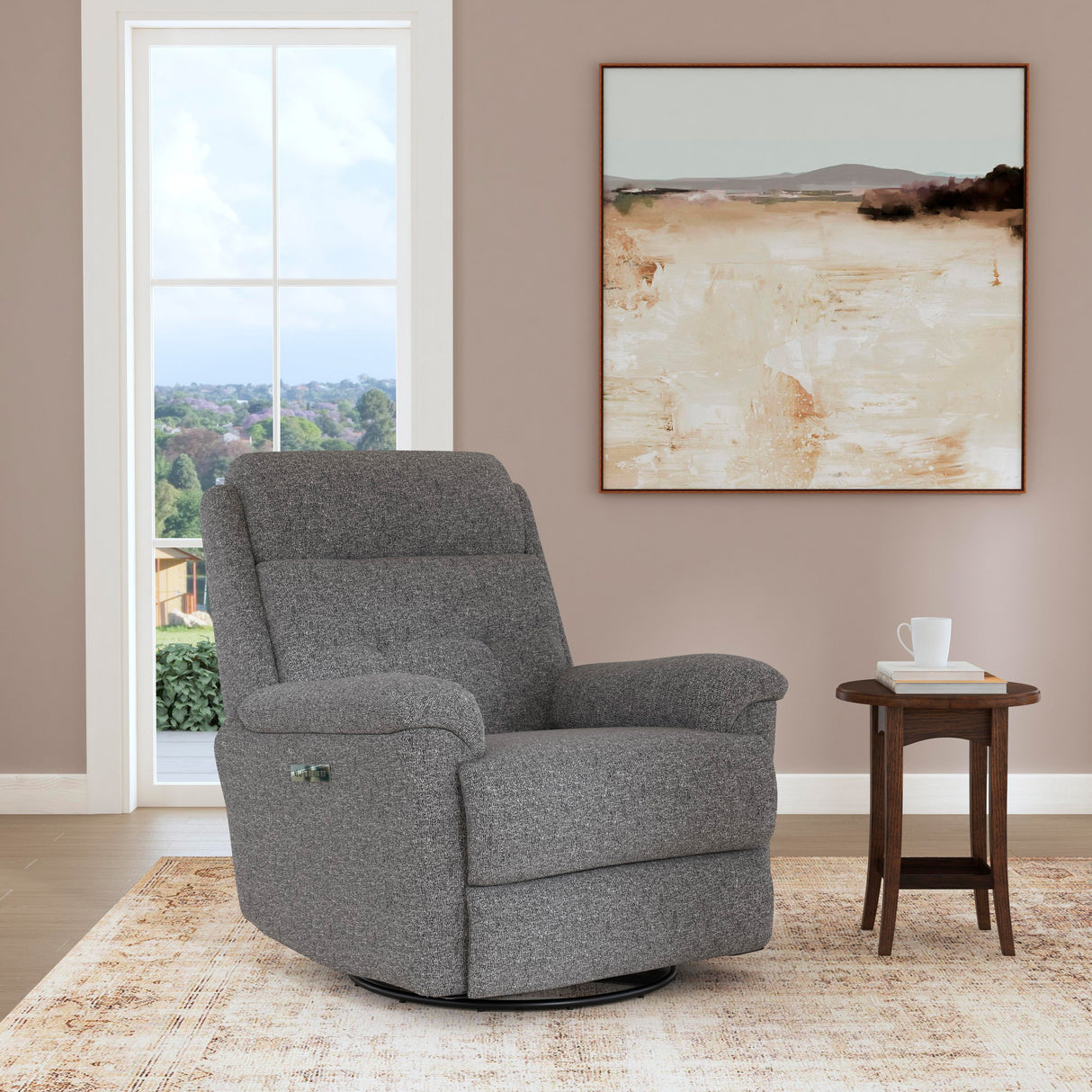 A room setting featuring Sophisticated Marble Swivel Power Recliner