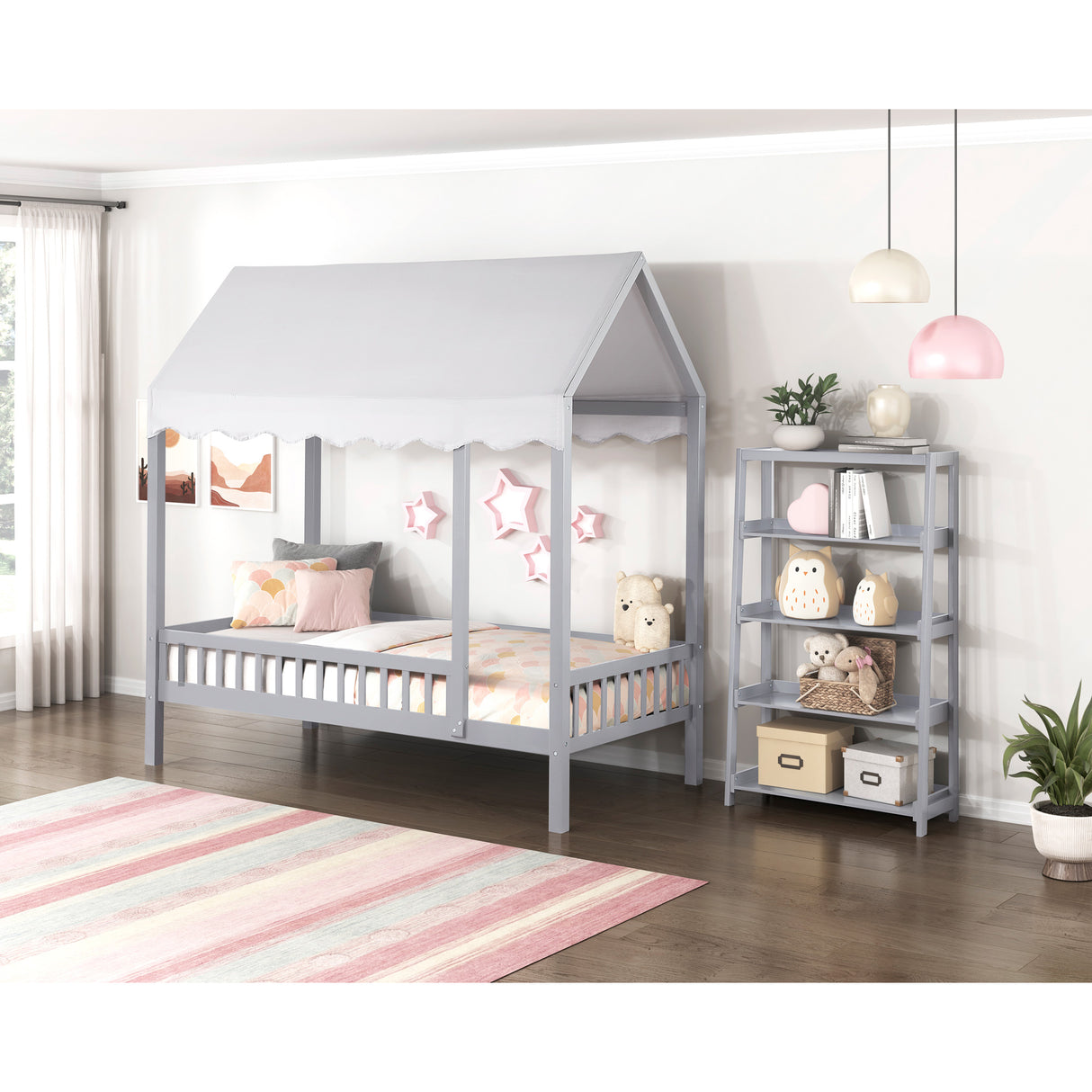 A room setting featuring Sloane Gray Bookcase