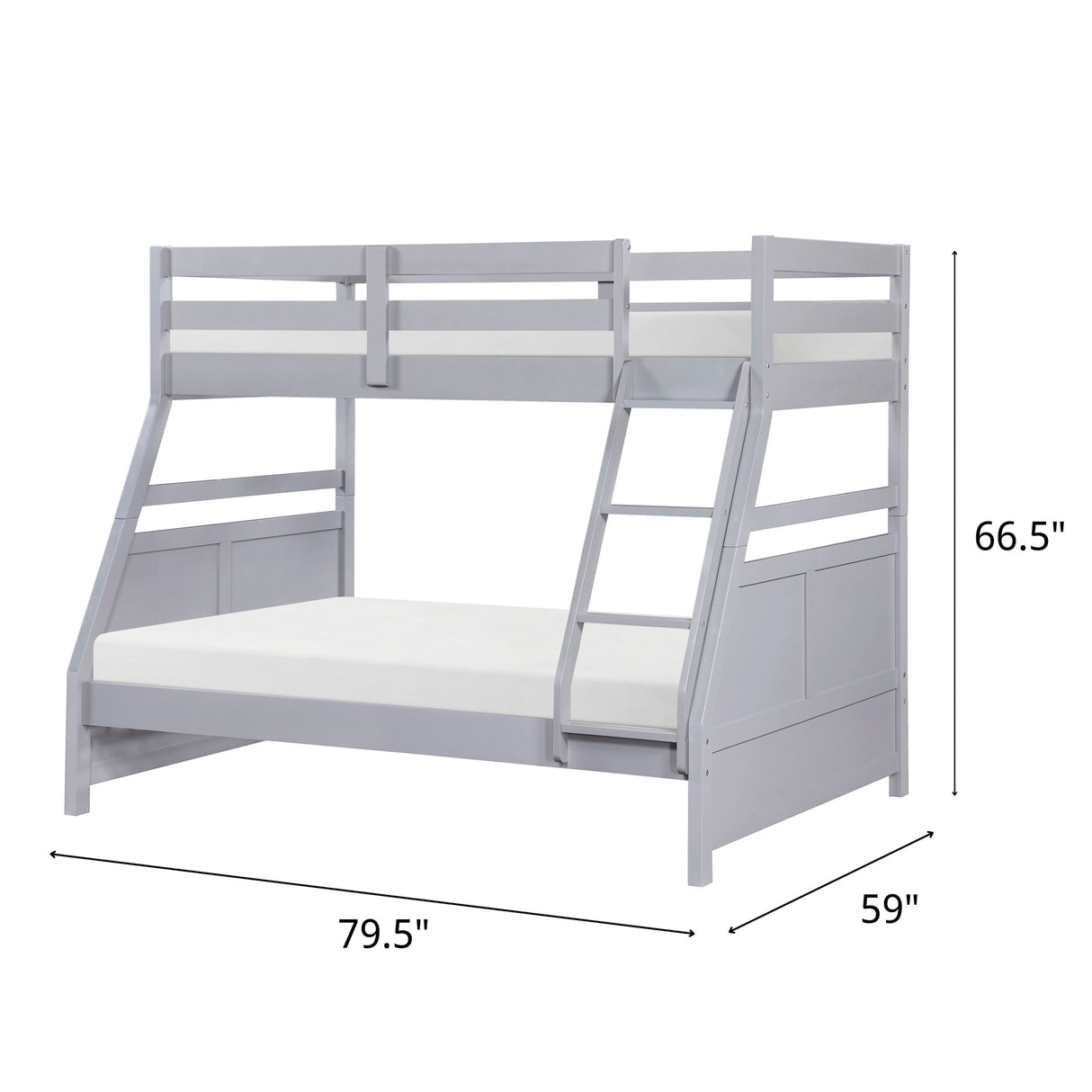 Detail image of Sloane Gray Twin Over Full Bunk Bed with overlay of product dimensions
