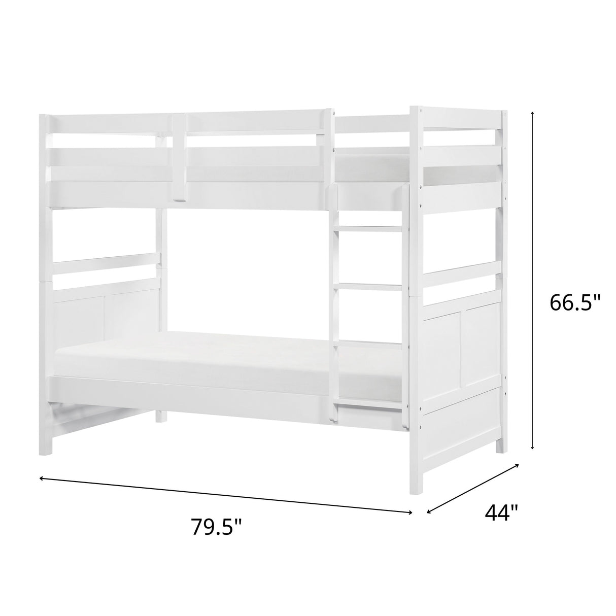 Detail image of Sloane White Twin Over Twin Bunk Bed with overlay of product dimensions