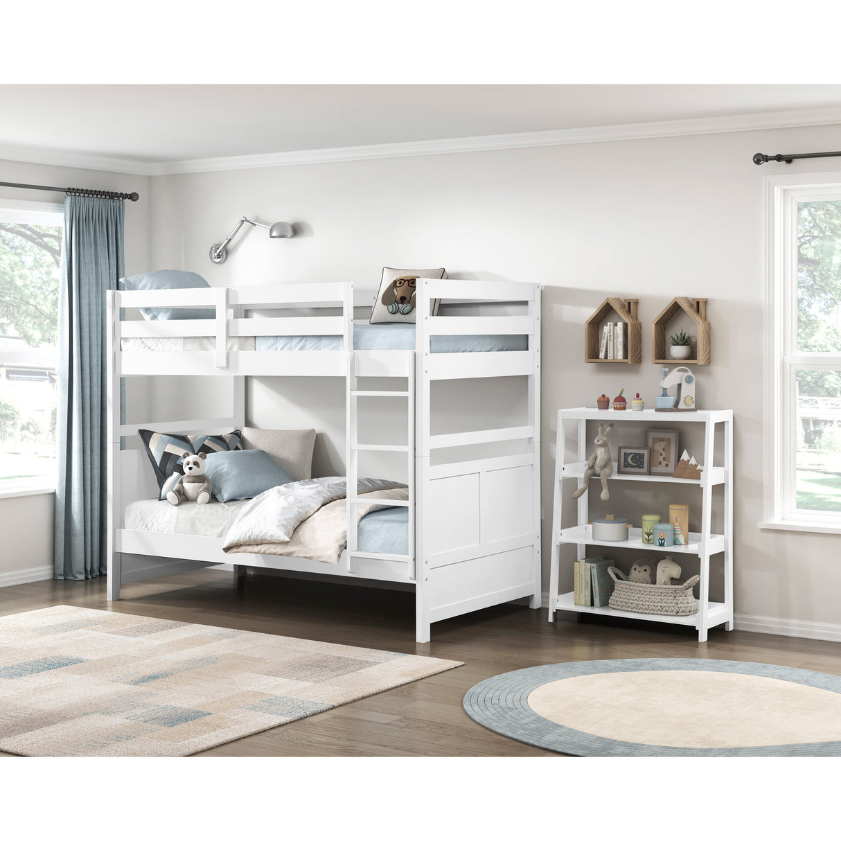 A room setting featuring Sloane White Twin Over Twin Bunk Bed