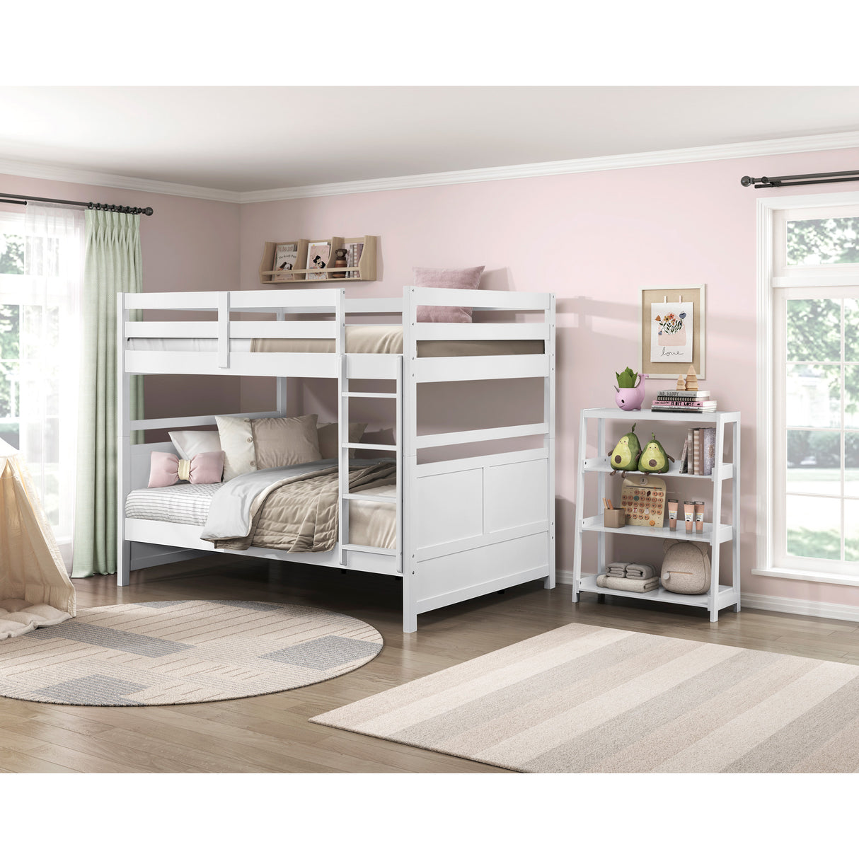 A room setting featuring Sloane White Full Over Full Bunk Bed