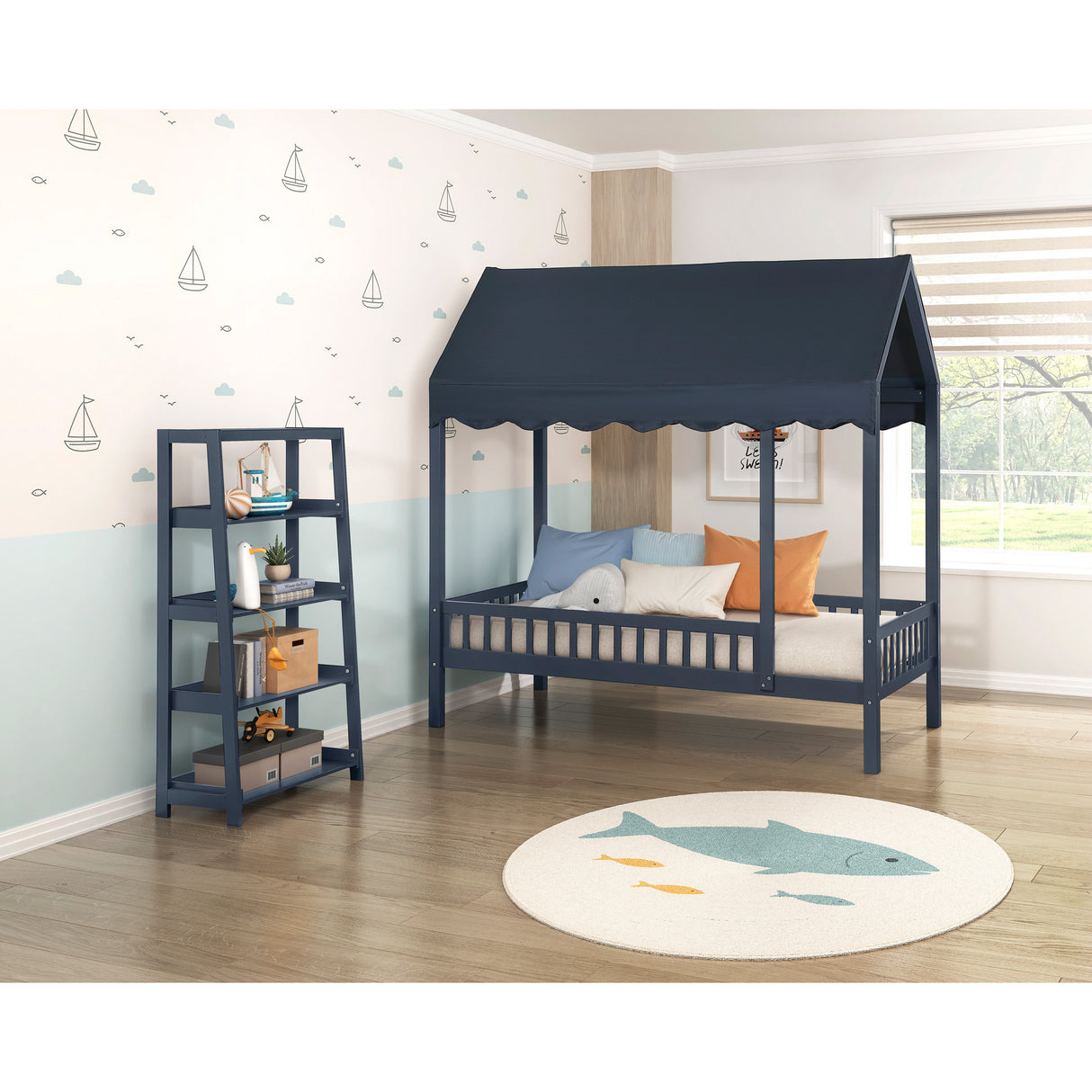 A room setting featuring Sloane Navy Bookcase