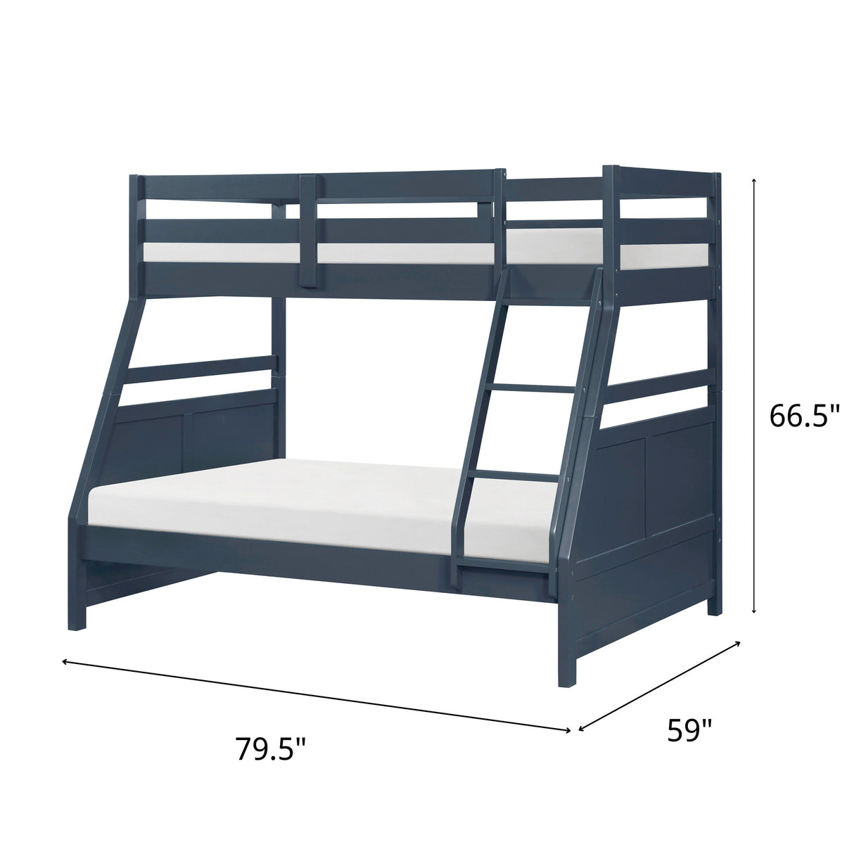Detail image of Sloane Navy Twin Over Full Bunk Bed with overlay of product dimensions