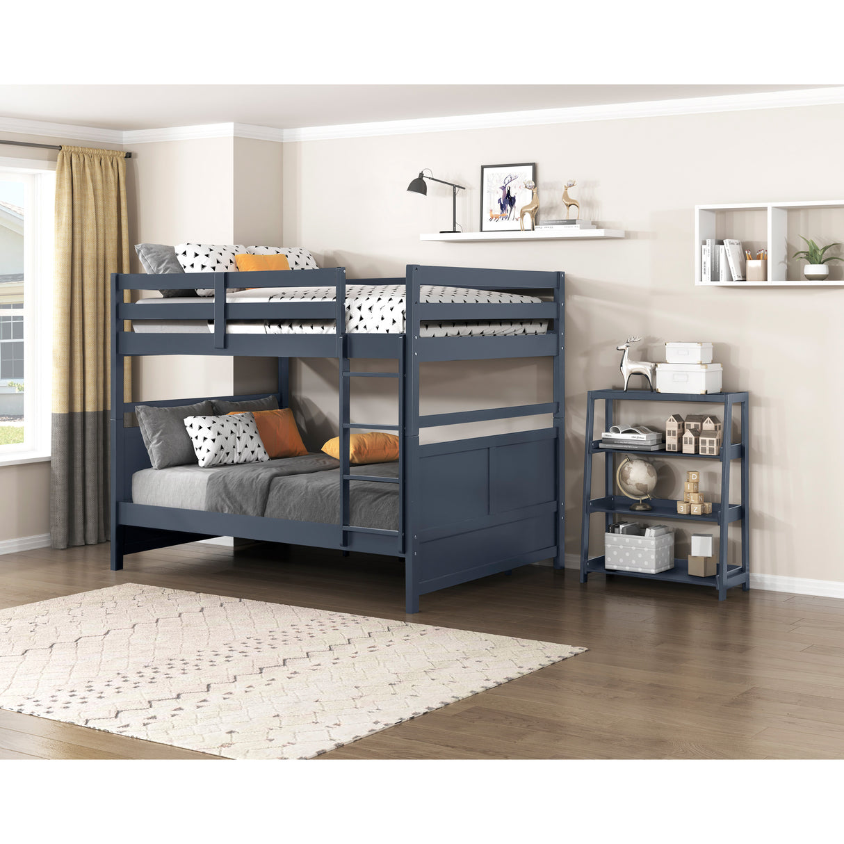 A room setting featuring Sloane Navy Full Over Full Bunk Bed