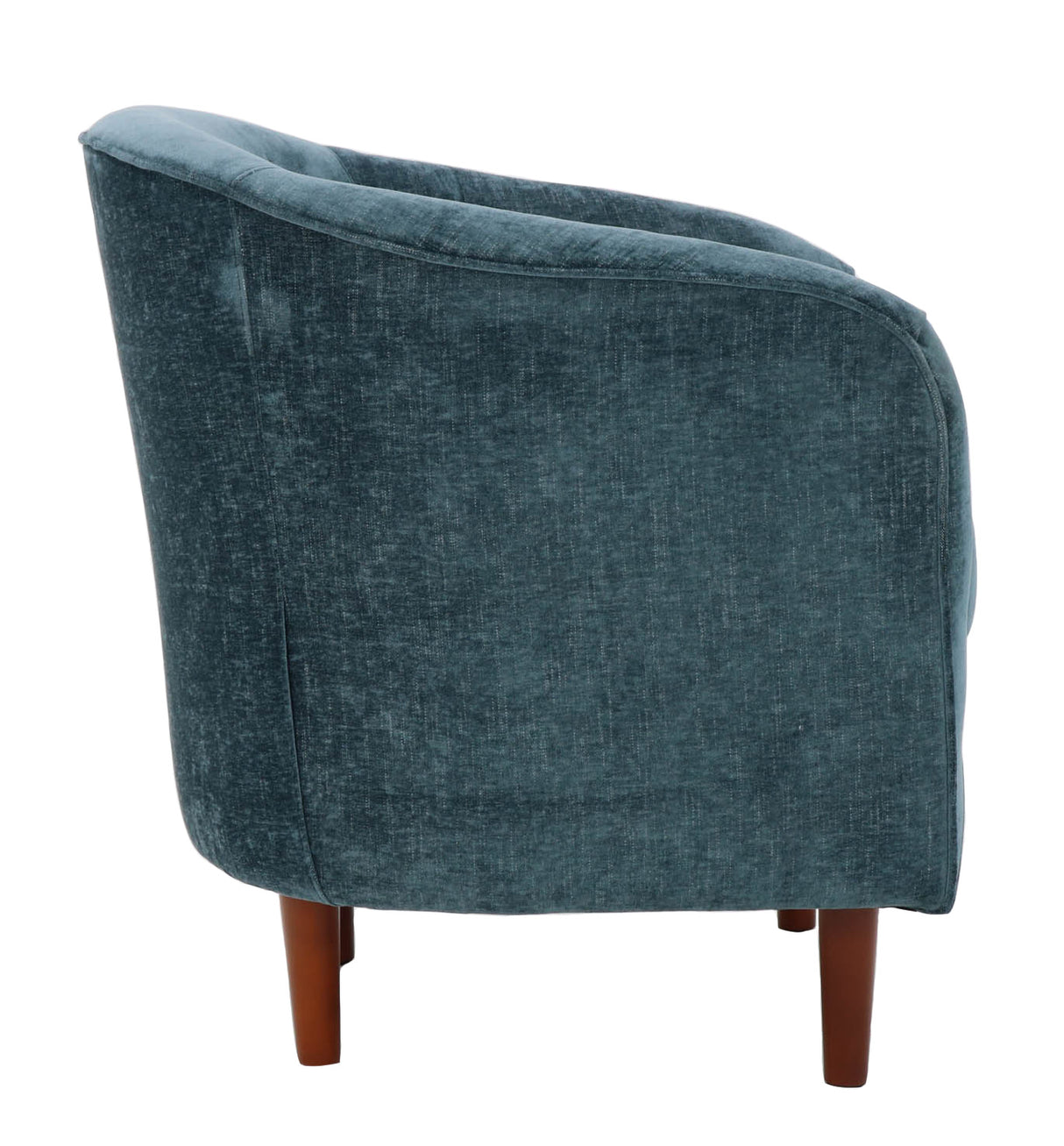 Blue upholstered armchair with wooden legs on a white background