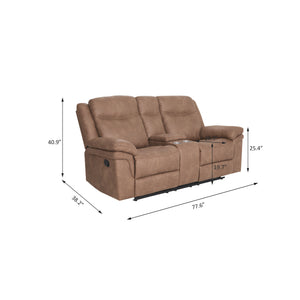 Detail image of Remy Brown Glider Reclining Loveseat with overlay of product dimensions