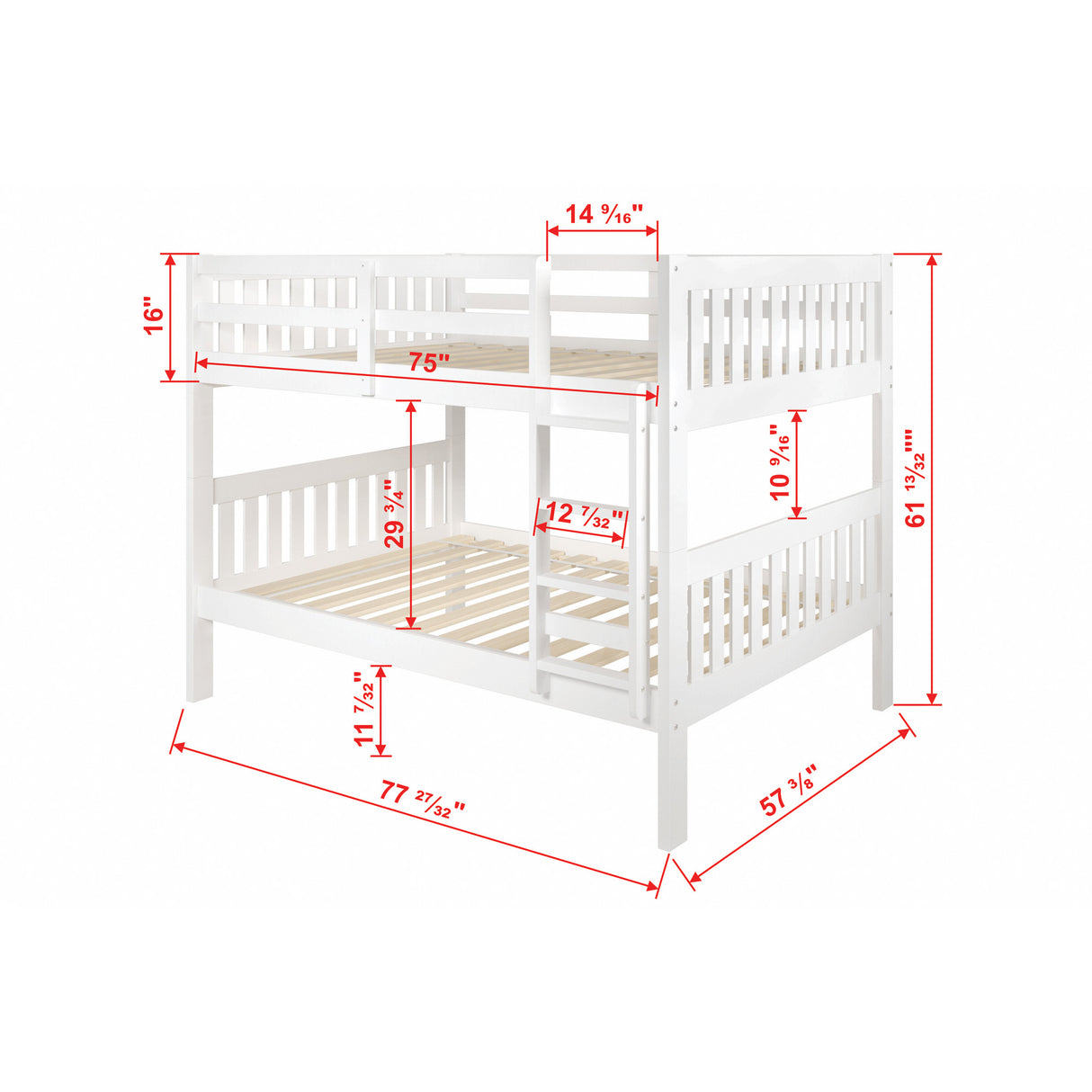 Detail image of Jordan White Full Over Full Bunk Bed with overlay of product dimensions