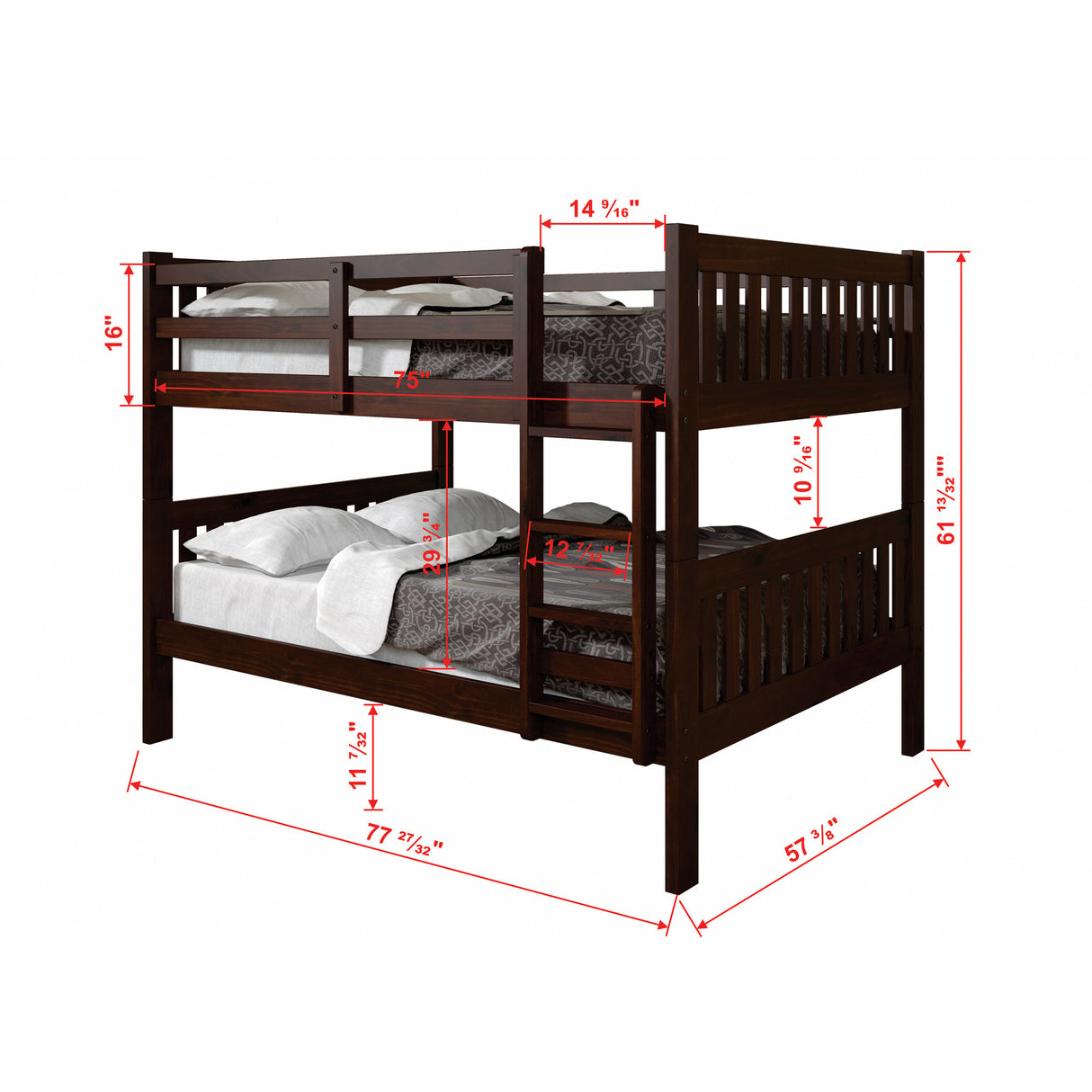 Detail image of Jordan Chocolate Full Over Full Bunk Bed with overlay of product dimensions