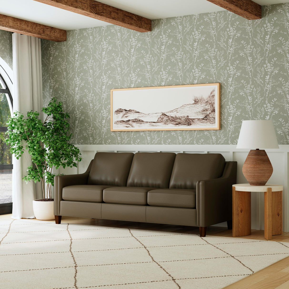 A room setting featuring Finley Dark Brown Leather Sofa