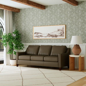 A room setting featuring Finley Dark Brown Leather Sofa