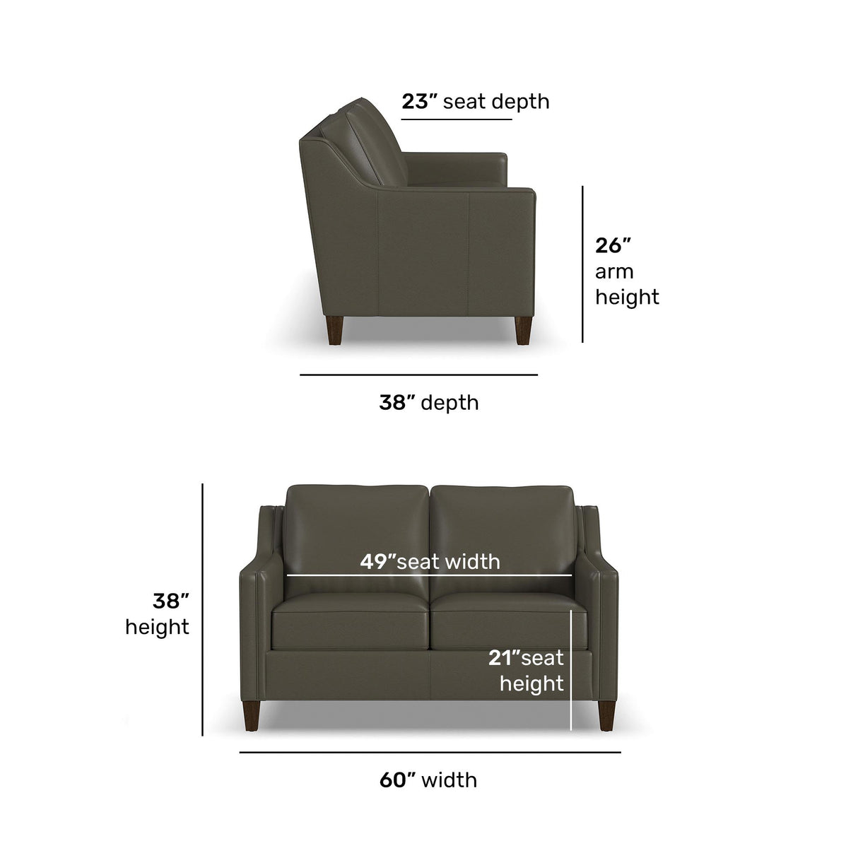 Detail view of Finley Dark Brown Leather Loveseat