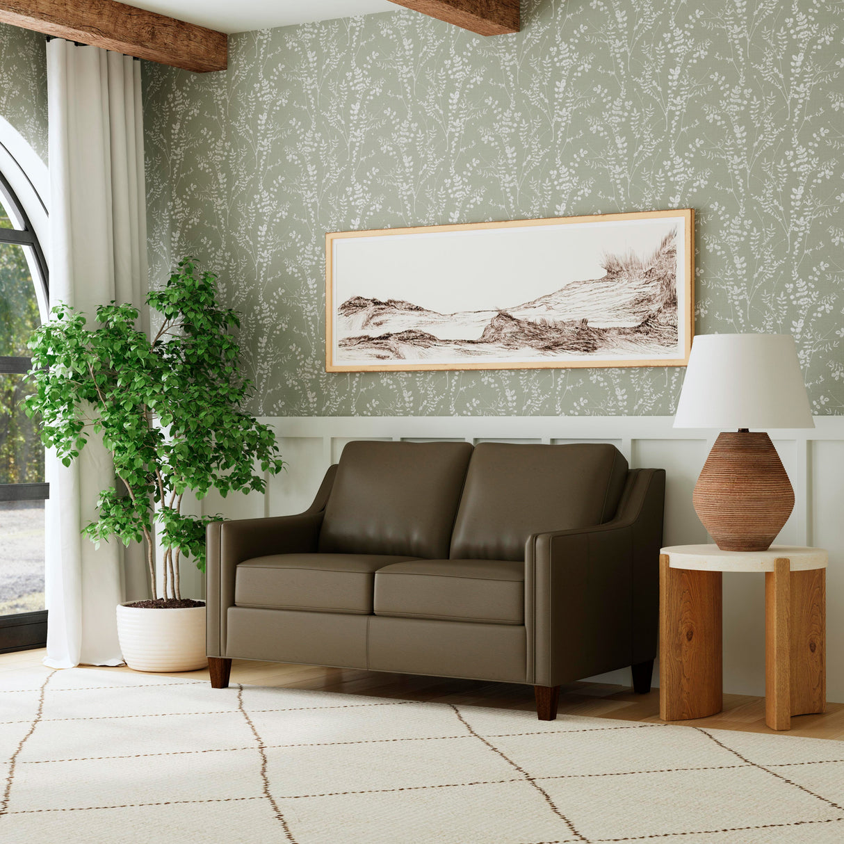 A room setting featuring Finley Dark Brown Leather Loveseat