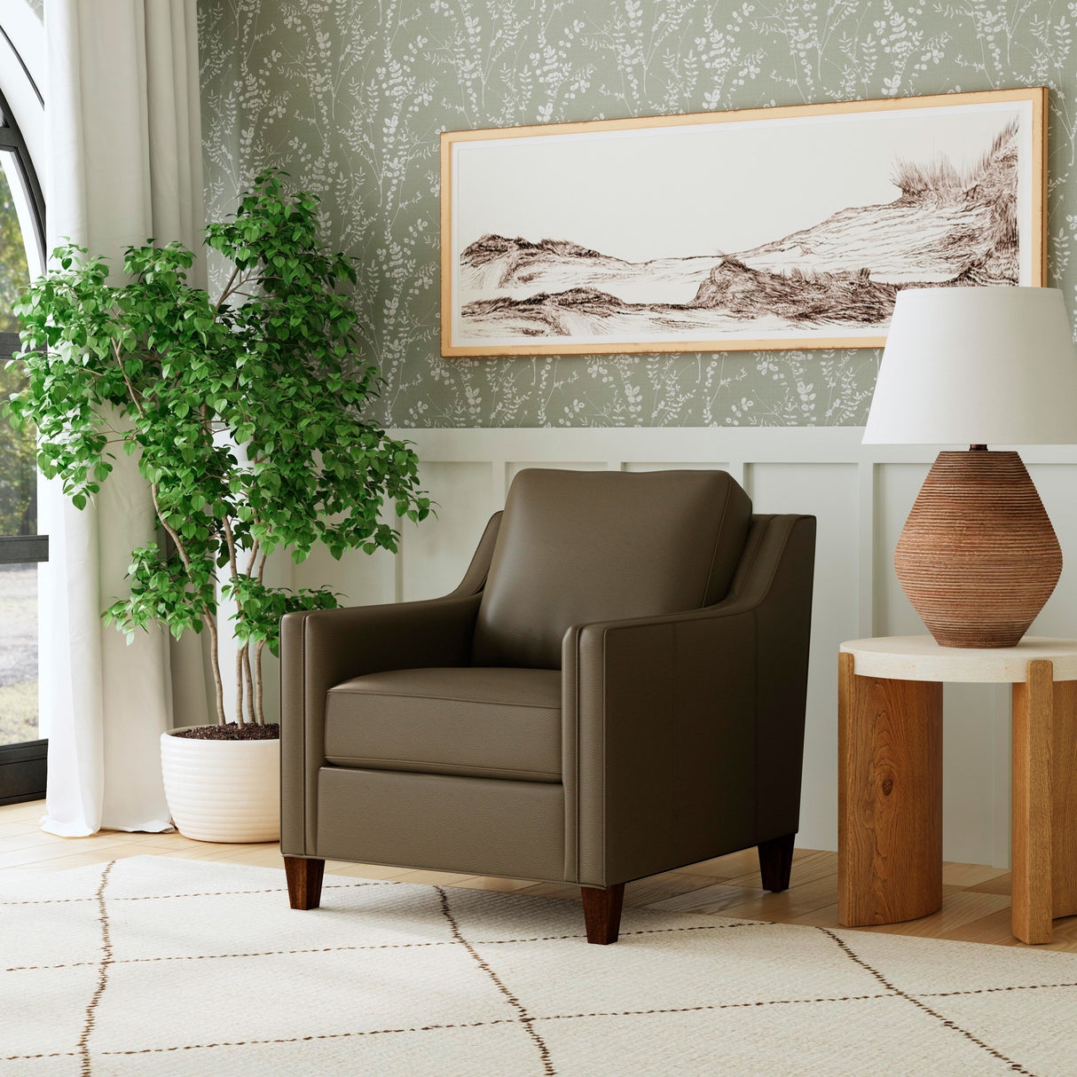 A room setting featuring Finley Dark Brown Leather Chair